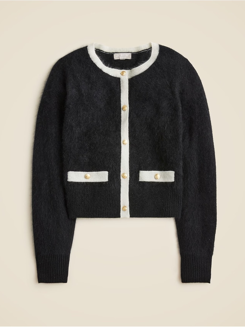 J. Crew Black Cardigan with Cream Trim and Gold Buttons